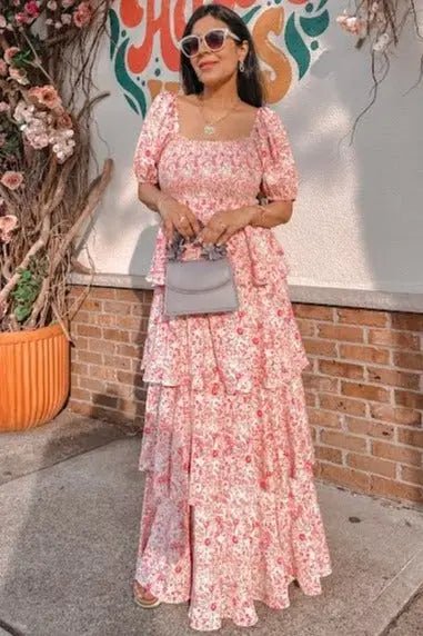 PinkBlush Chic Floral Maxi Dress with Ruffle Layers for Summer Occasions - 