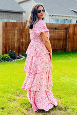 PinkBlush Chic Floral Maxi Dress with Ruffle Layers for Summer Occasions - 