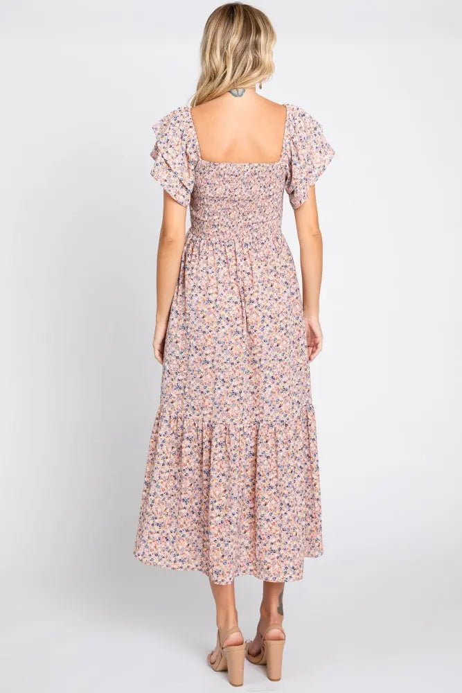 PinkBlush Chic Floral Midi Dress with Smocked Top and Ruffle Hem for Women - 