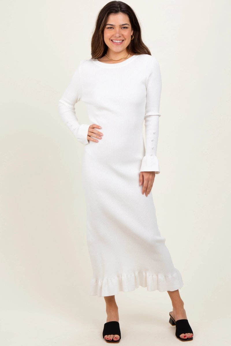 PinkBlush Chic Ivory Ribbed Knit Maxi Dress with Bow Back for Elegant Women - 