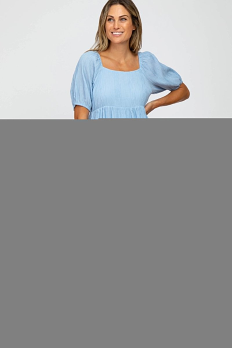 PinkBlush Chic Light Blue Textured Dress with Puff Sleeves for Modern Women - 
