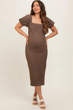PinkBlush Chic Maternity Midi Dress with Popcorn Texture for Fashionable Moms - 
