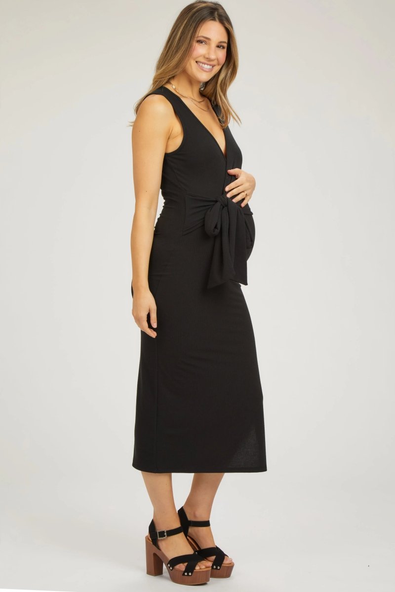 PinkBlush Chic Maternity Midi Dress with Wrap V Neckline for Expecting Mothers - 