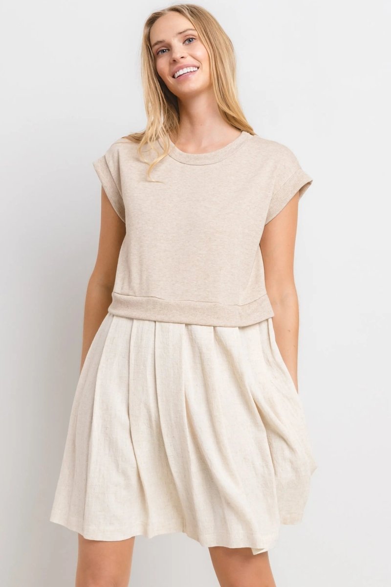 PinkBlush Chic Oatmeal Mini Dress with Contrast Pleats for Fashion - Forward Women - 