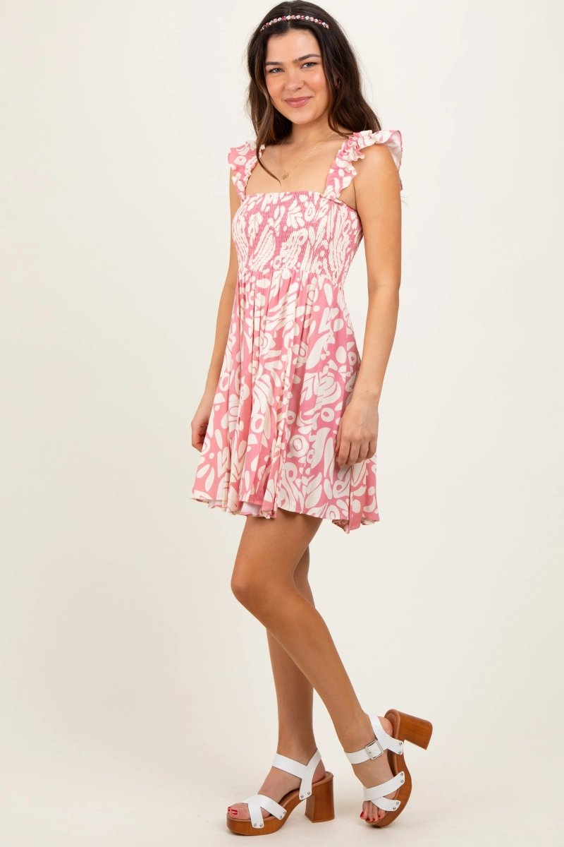 PinkBlush Chic Pink Printed Smocked Ruffle Strap Dress for Stylish Women - 