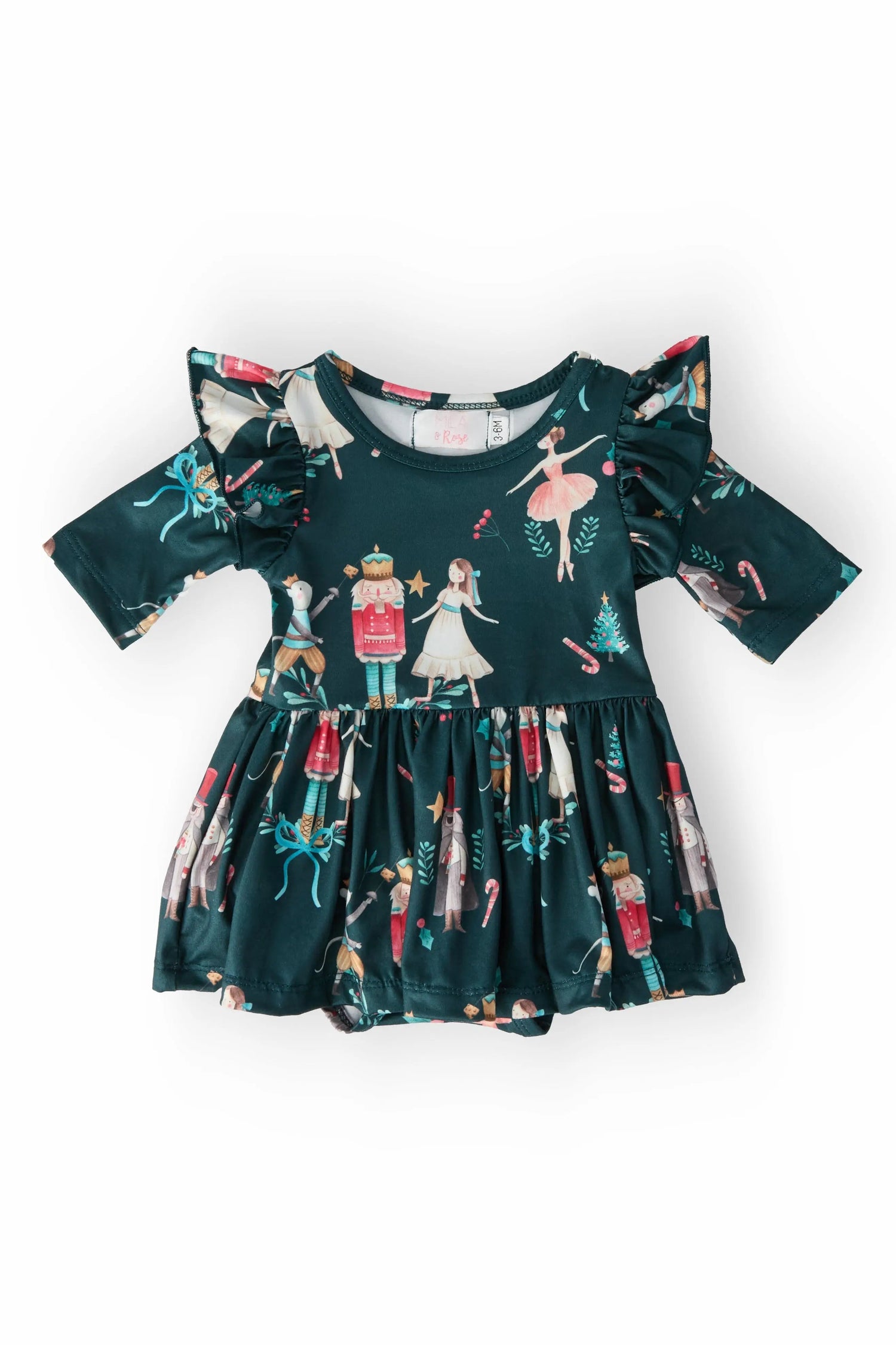 Baby girl twirl bodysuit with Christmas ballet print, 3/4 flutter sleeves and a twirl skirt