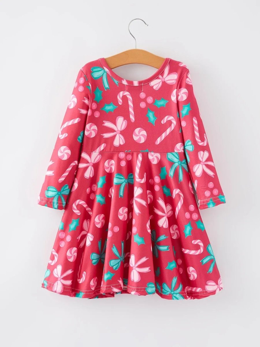 Rylee Faith Designs Christmas Candy Cane Bow Print Girls Dress Rylee Faith - Everetts Place Boutique - 