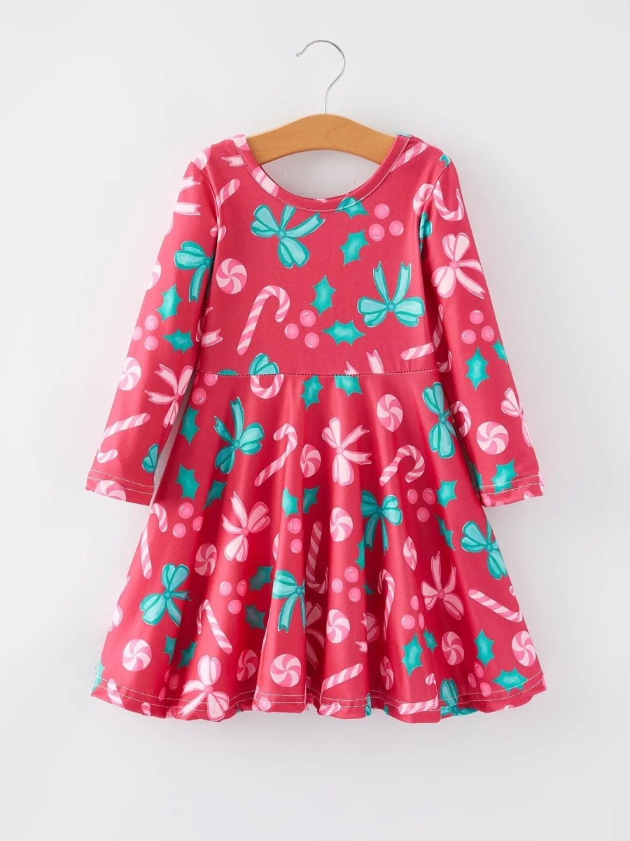 Rylee Faith Designs Christmas Candy Cane Bow Print Girls Dress Rylee Faith - Everetts Place Boutique - 