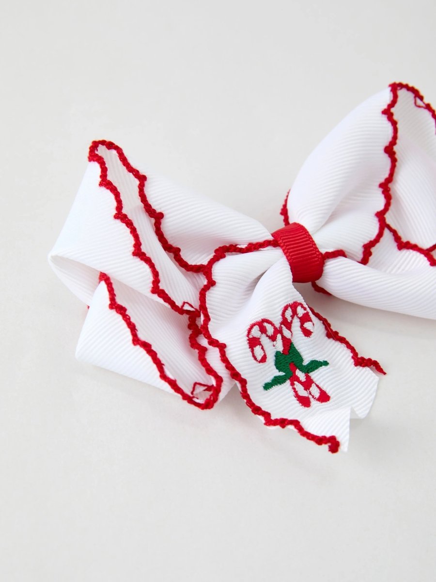 Rylee Faith Designs Christmas Candy Cane Embroidered Bow Hair Clip - Everetts Place Boutique - 