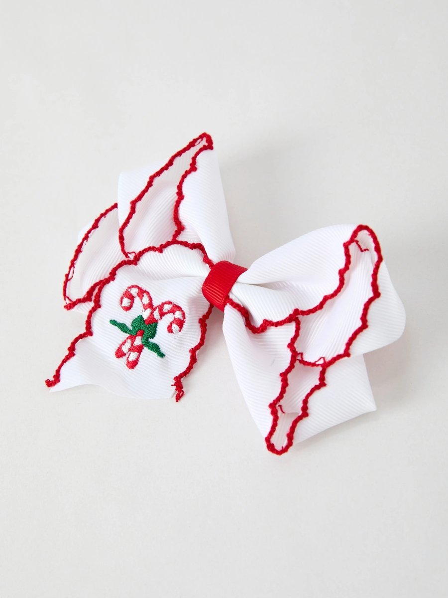 Rylee Faith Designs Christmas Candy Cane Embroidered Bow Hair Clip - Everetts Place Boutique - 