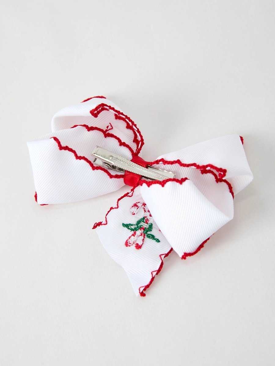 Rylee Faith Designs Christmas Candy Cane Embroidered Bow Hair Clip - Everetts Place Boutique - 