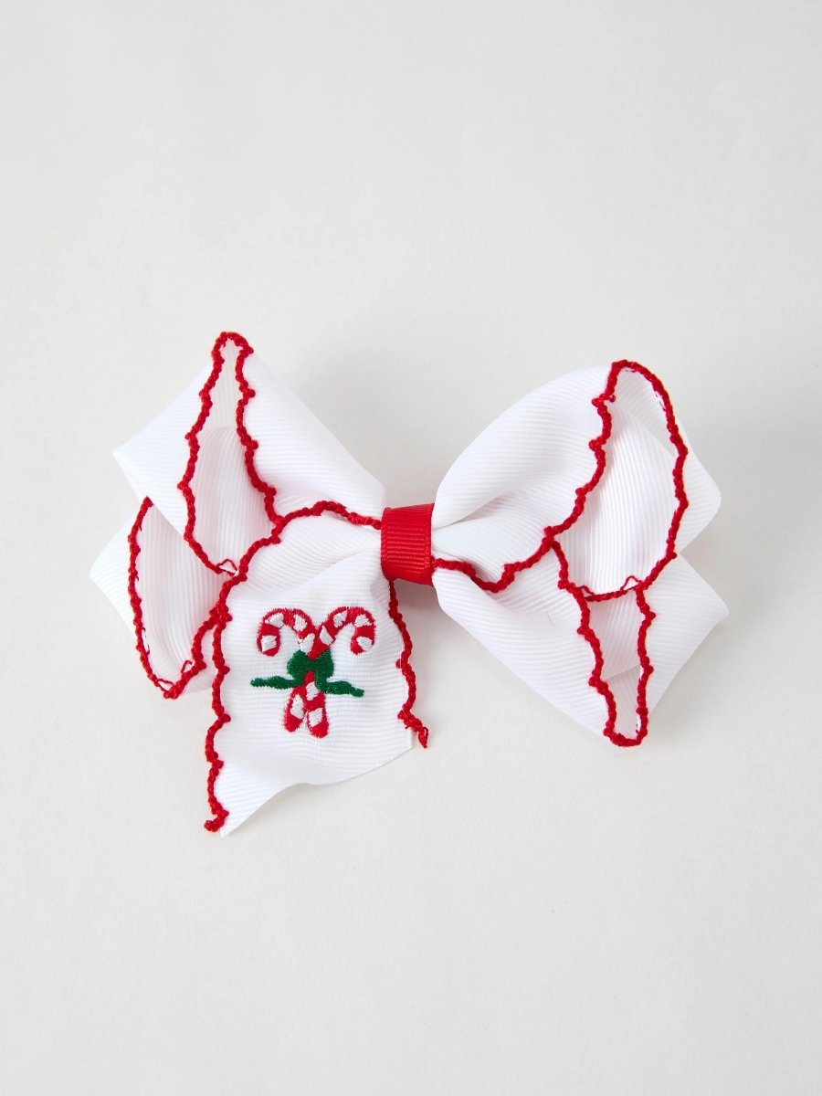 Rylee Faith Designs Christmas Candy Cane Embroidered Bow Hair Clip - Everetts Place Boutique - 