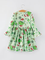 Rylee Faith Designs Christmas Cartoon Characters Print Green Girls Dress - Everetts Place Boutique - 