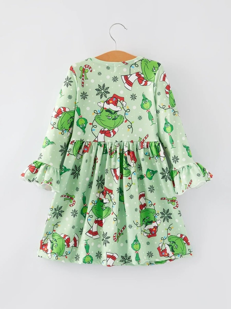 Rylee Faith Designs Christmas Cartoon Characters Print Green Girls Dress - Everetts Place Boutique - 