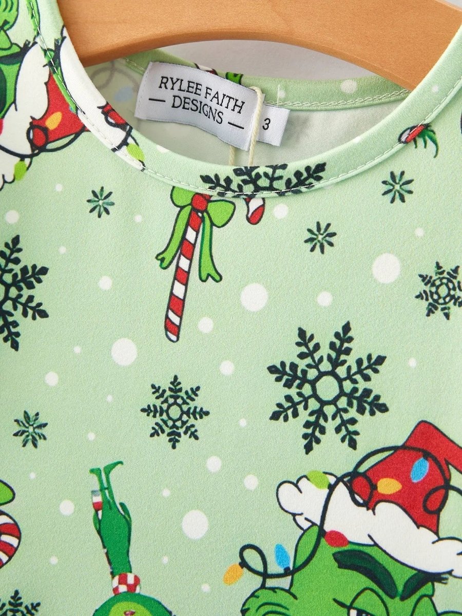 Rylee Faith Designs Christmas Cartoon Characters Print Green Girls Dress - Everetts Place Boutique - 
