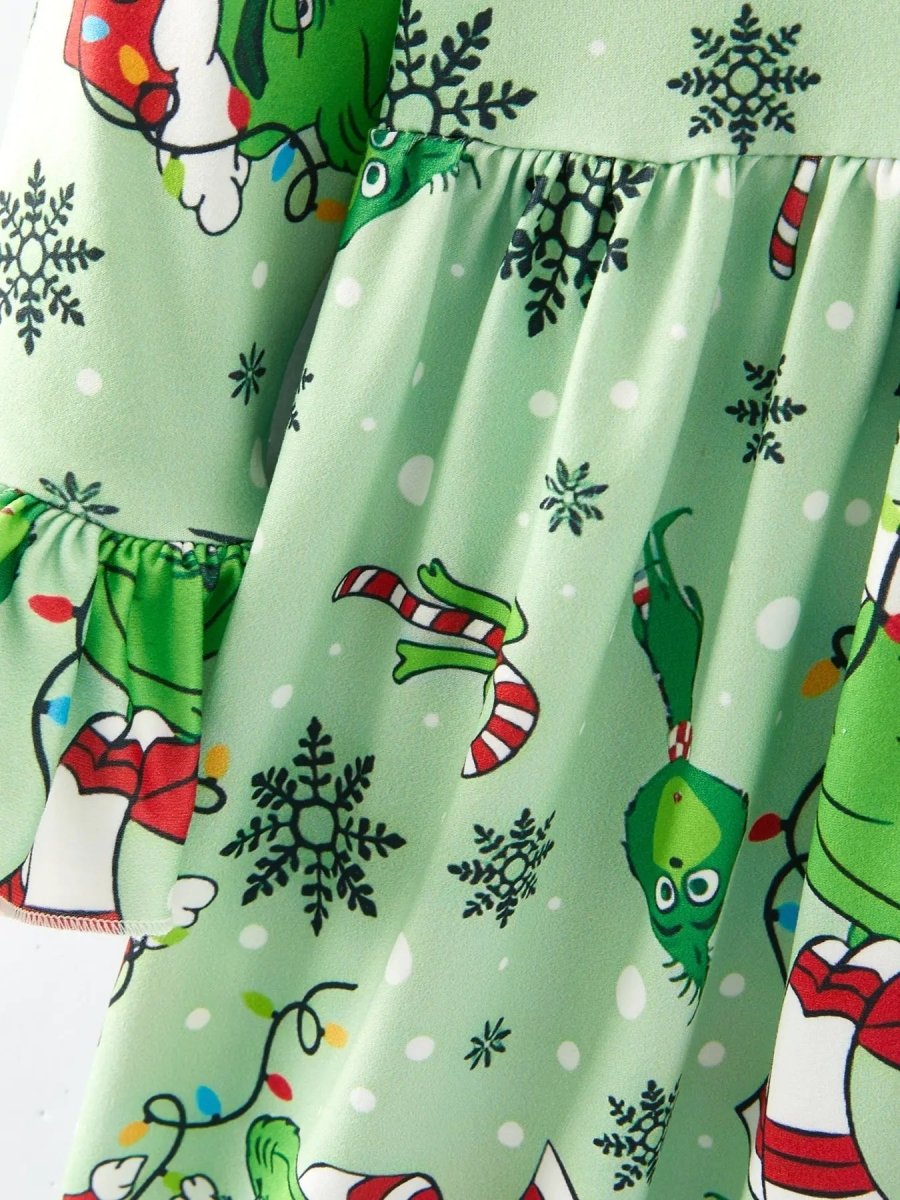 Rylee Faith Designs Christmas Cartoon Characters Print Green Girls Dress - Everetts Place Boutique - 