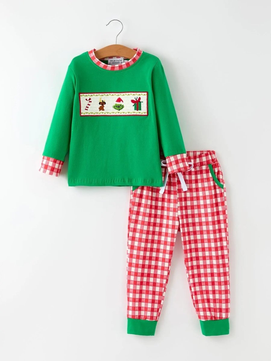 Rylee Faith Designs Christmas Character Candy Embroidery Green Boys Set - Everetts Place Boutique - 