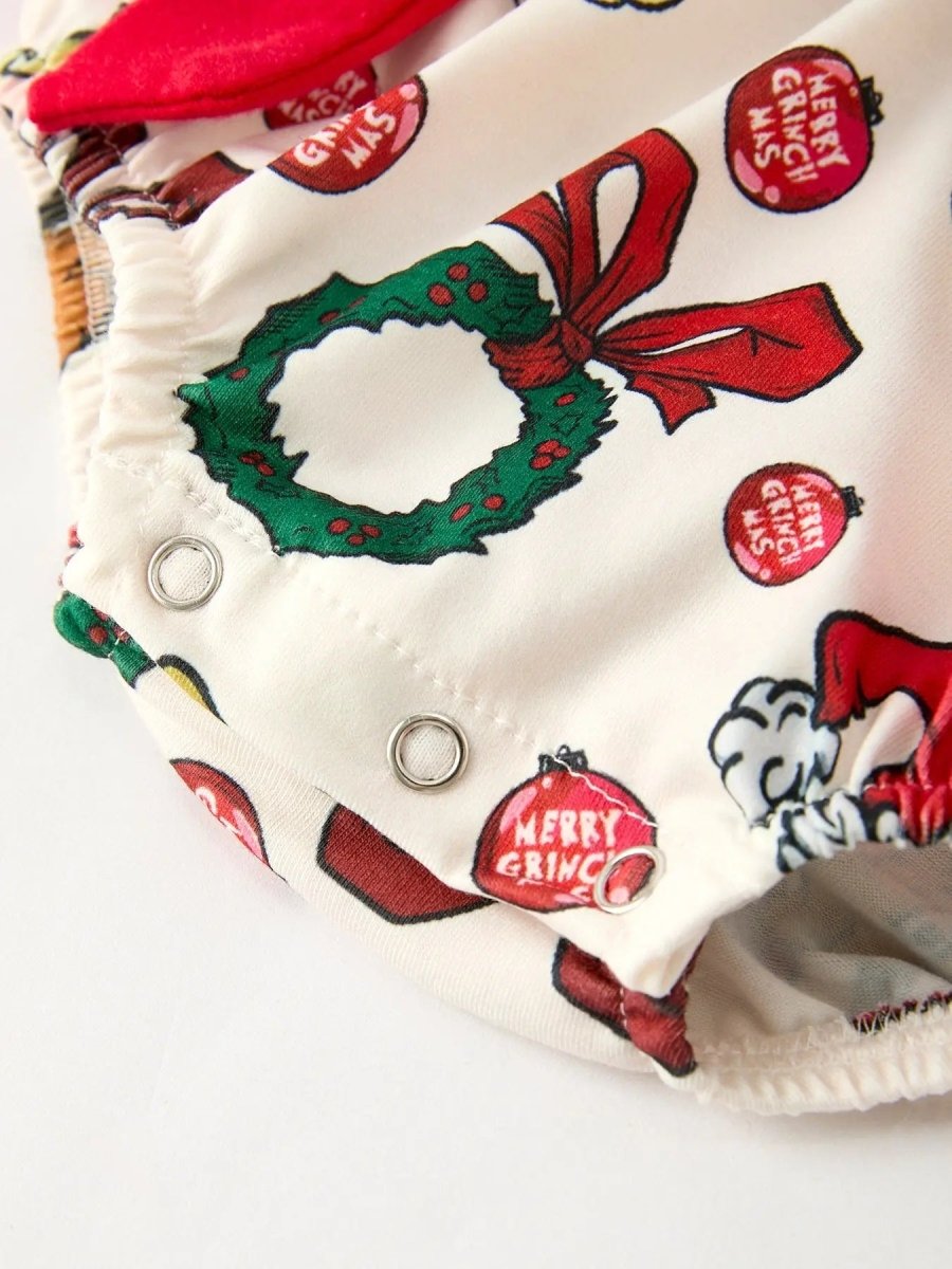 Rylee Faith Designs Christmas Character Print Baby Girls Romper With Red Bow - Everetts Place Boutique - 