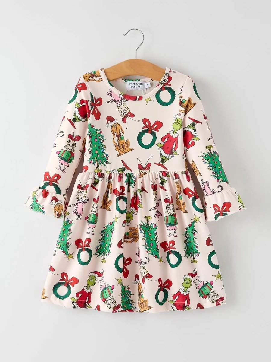 Rylee Faith Designs Christmas Character Print Girls Dress With Ruffle Sleeves - Everetts Place Boutique - 
