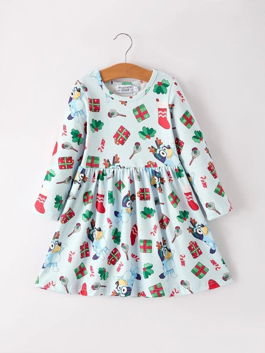 Rylee Faith Designs Christmas Characters And Gift Print Girls Dress - Everetts Place Boutique - 