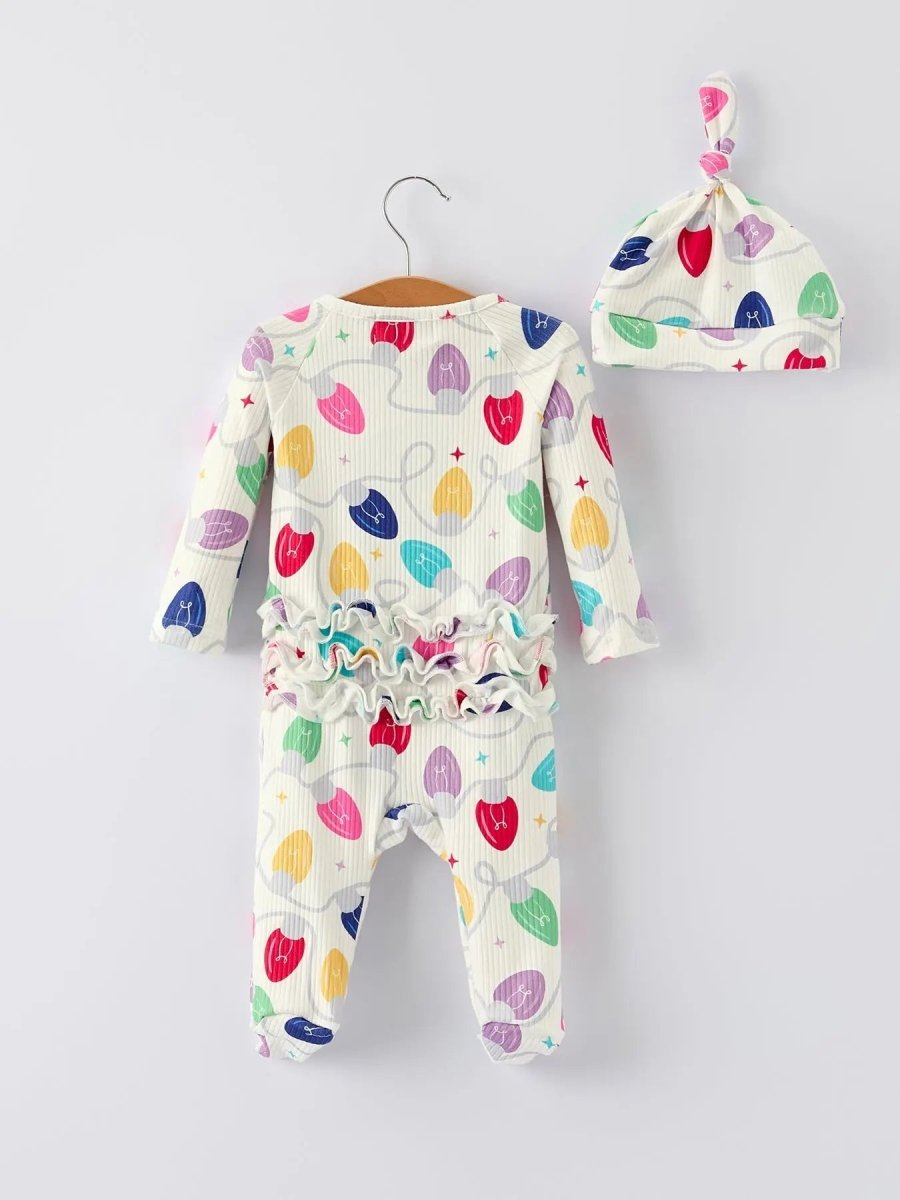 Rylee Faith Designs Christmas Colorful Light Bulb Baby Girls Romper With Hat - Everetts Place Boutique - 