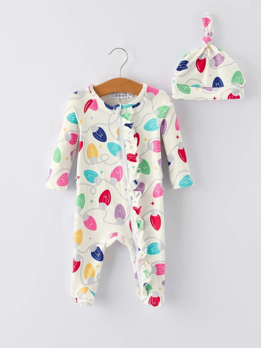 Rylee Faith Designs Christmas Colorful Light Bulb Baby Girls Romper With Hat - Everetts Place Boutique - 
