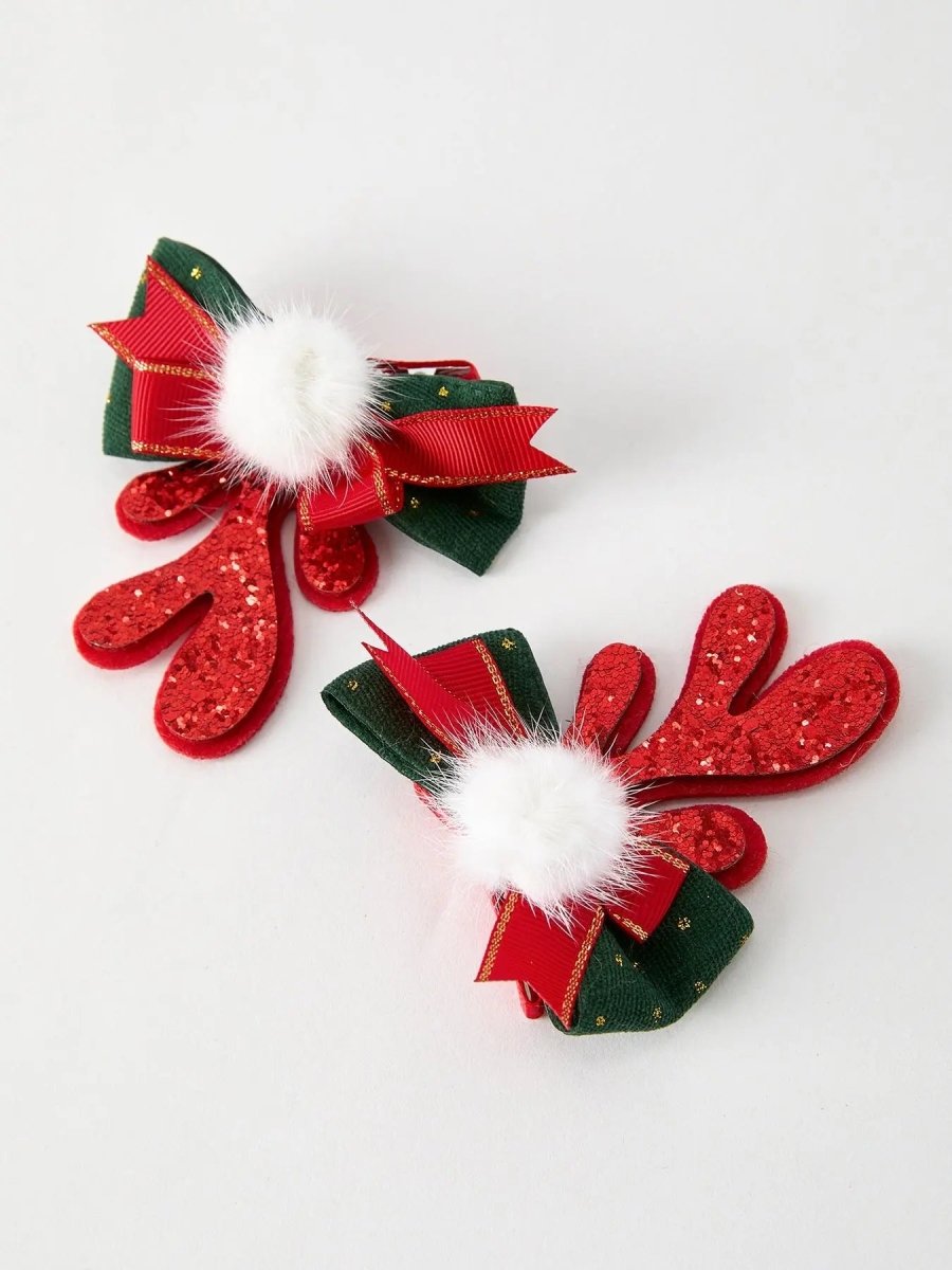 Rylee Faith Designs Christmas Elk Pom Pom Girls Hair Clip - Everetts Place Boutique - 