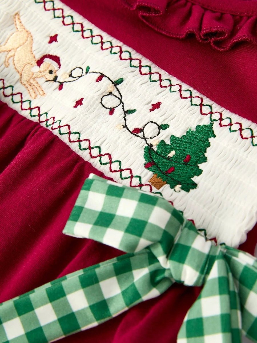 Rylee Faith Designs Christmas Embroidered Baby Girl Romper With Green Plaid Bow - 