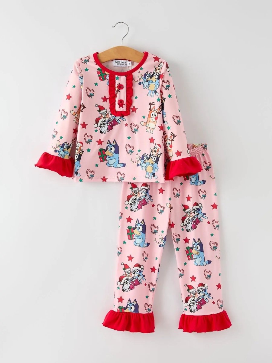 Rylee Faith Designs Christmas Festive Baby Girls Pajamas with Ruffles - Everetts Place Boutique - 
