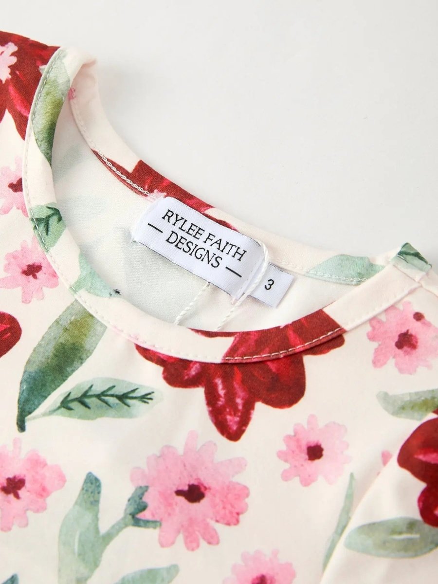 Rylee Faith Designs Christmas Girls Floral Dress Long Sleeve Red Pink Occasion - Everetts Place Boutique - 