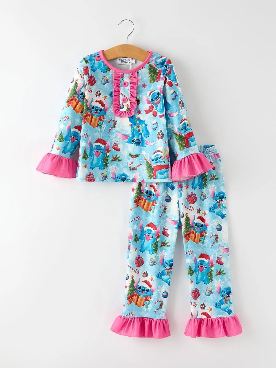 Rylee Faith Designs Christmas Girls Pajama Set Ruffle Detail and Buttoned Top - Everetts Place Boutique - 