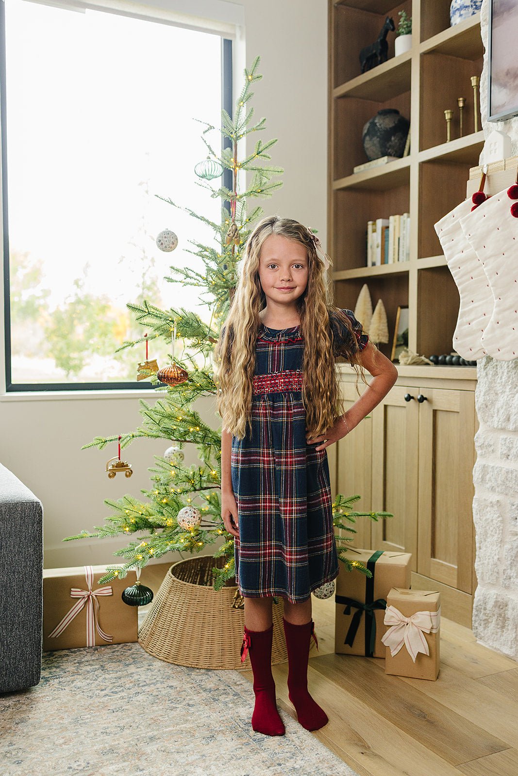Mebie Baby Christmas Plaid Smocked Collared Dress for Baby Girls - 