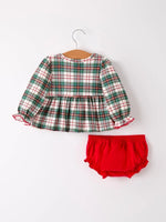 Rylee Faith Designs Christmas Plaid Smocking Embroidered Girls Bloomers Romper Set - Everetts Place Boutique - 