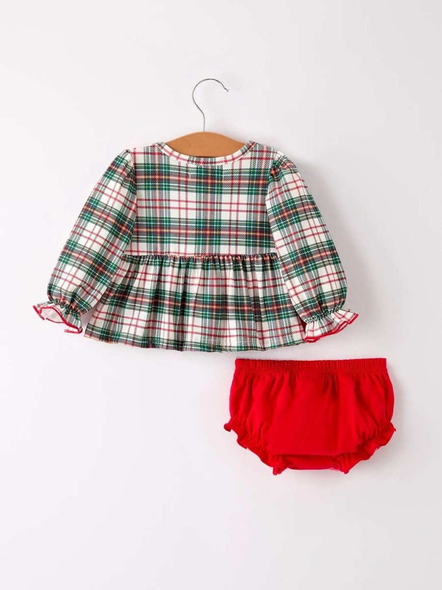 Rylee Faith Designs Christmas Plaid Smocking Embroidered Girls Bloomers Romper Set - Everetts Place Boutique - 