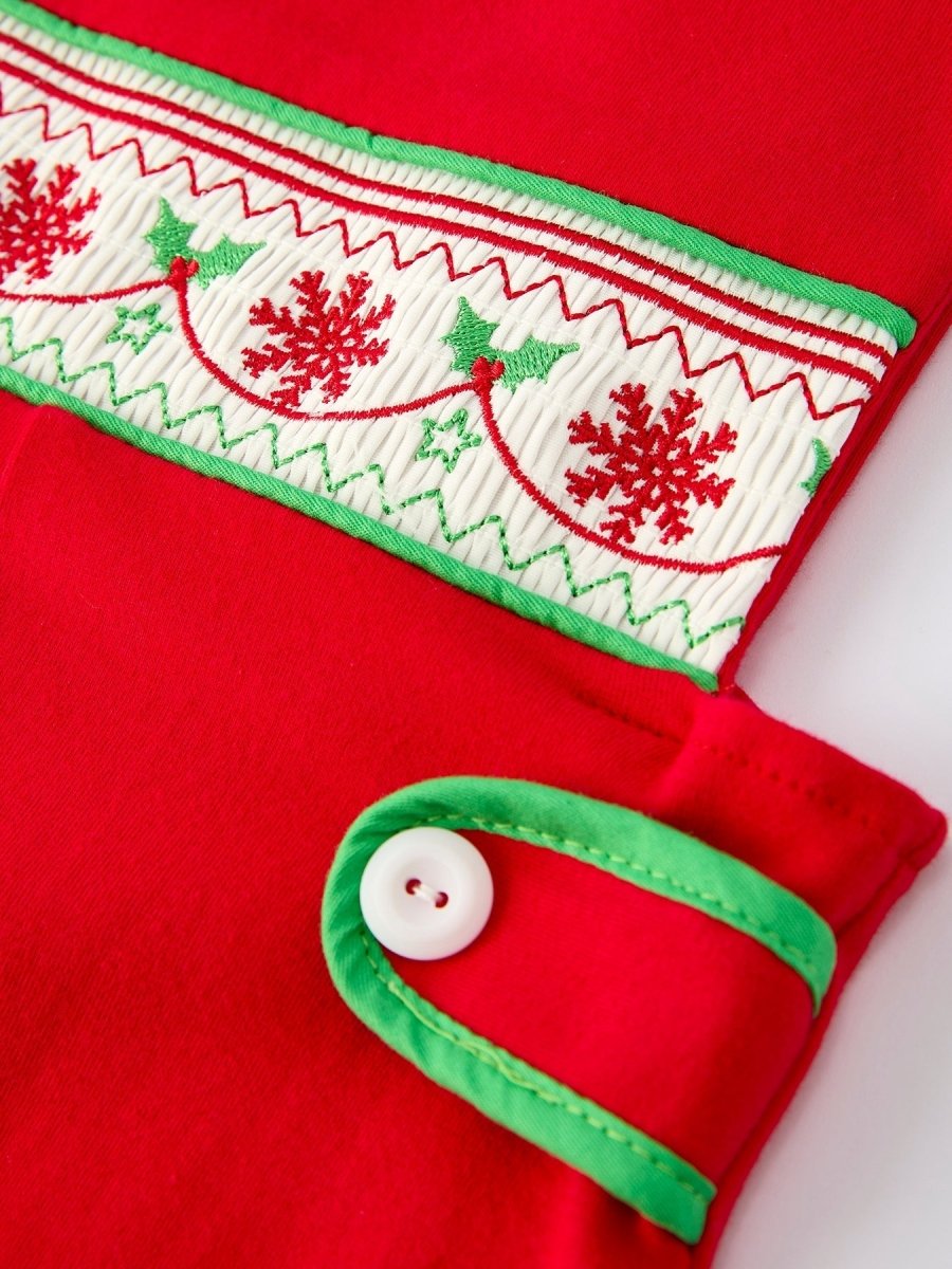 Rylee Faith Designs Christmas Red Green Smock Embroidery Romper For Baby Boy - Everetts Place Boutique - 