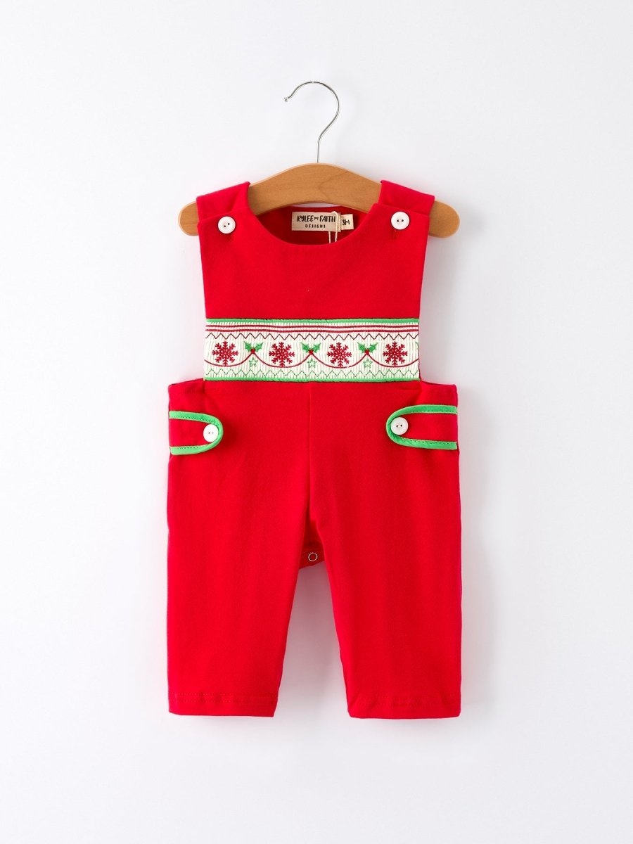 Rylee Faith Designs Christmas Red Green Smock Embroidery Romper For Baby Boy - Everetts Place Boutique - 