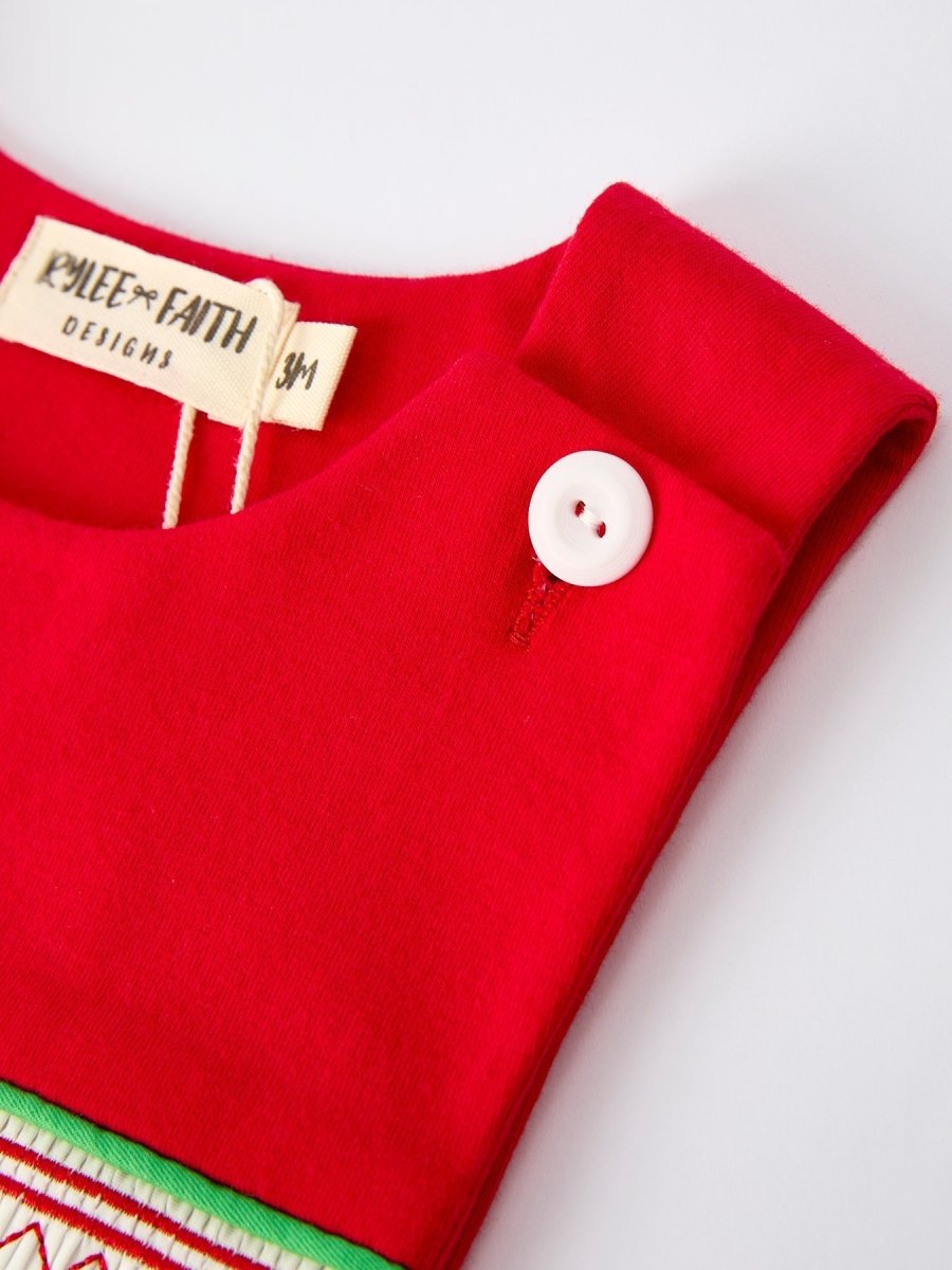 Rylee Faith Designs Christmas Red Green Smock Embroidery Romper For Baby Boy - Everetts Place Boutique - 