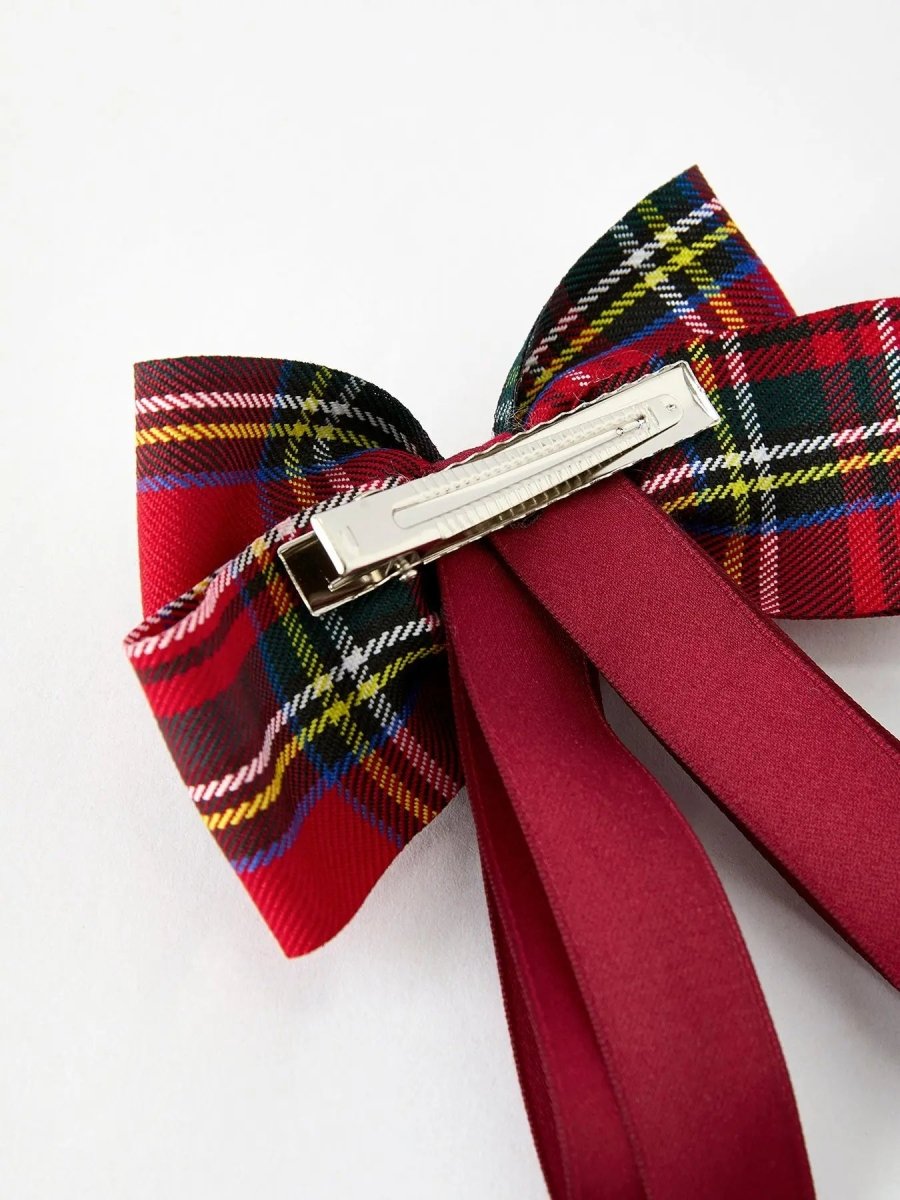 Rylee Faith Designs Christmas Red Plaid Zircon Bow Hairpin for Festive Holiday Style - Everetts Place Boutique - 
