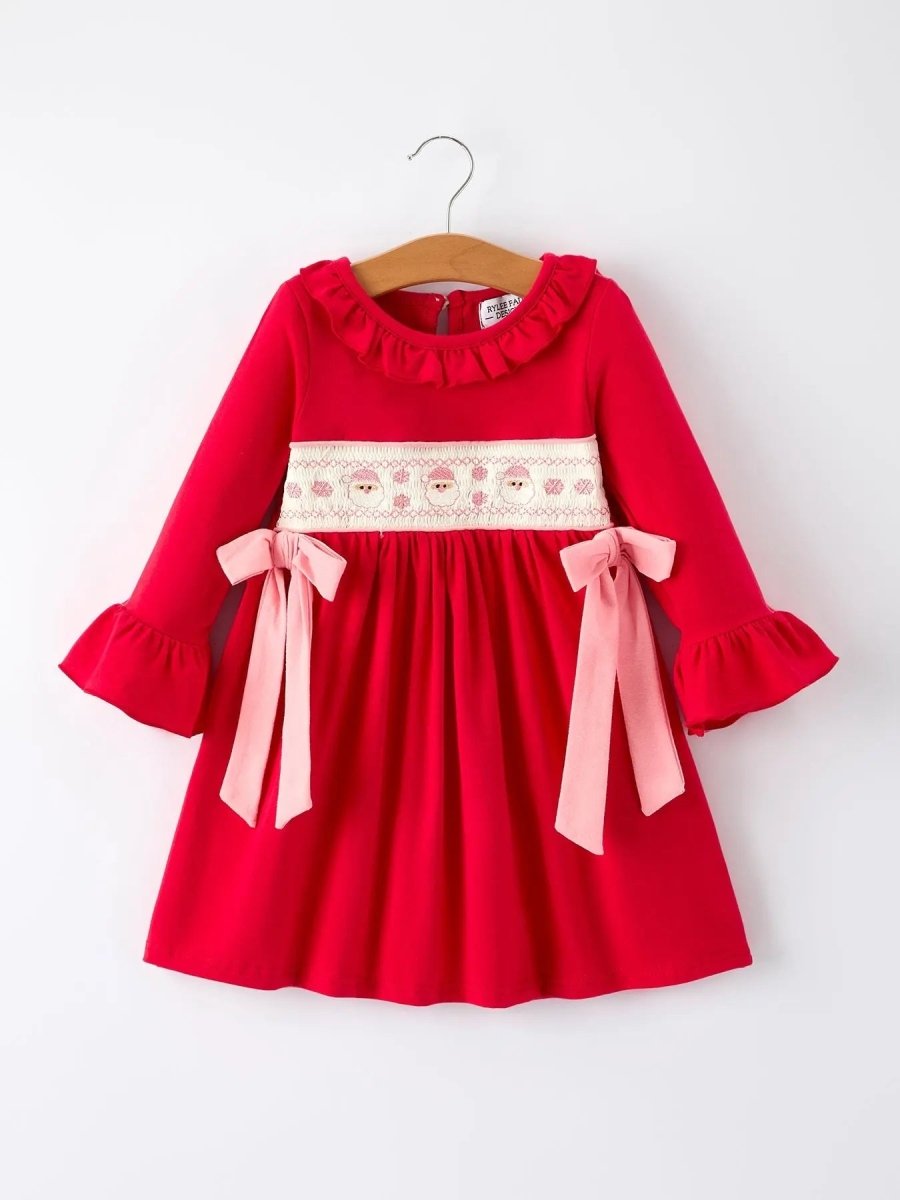 Rylee Faith Designs Christmas Smocked Embroidery Girls Dress With Pink Ribbon - Everetts Place Boutique - 