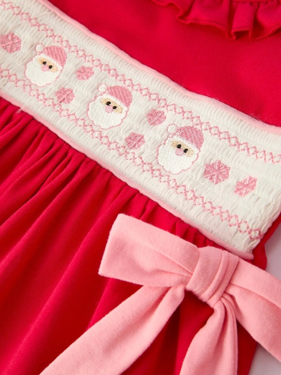 Rylee Faith Designs Christmas Smocked Embroidery Girls Dress With Pink Ribbon - Everetts Place Boutique - 