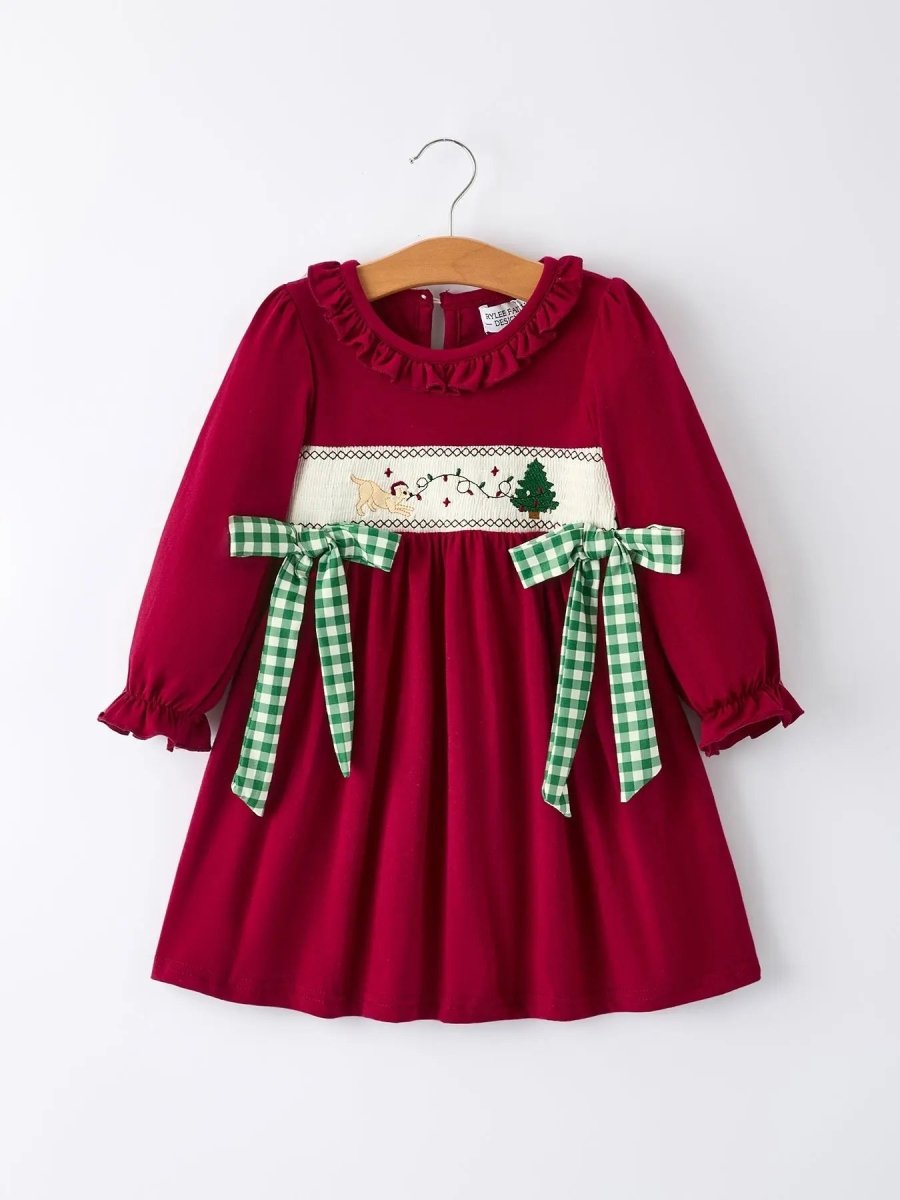 Rylee Faith Designs Christmas Smocking Embroidered Dress With Green Plaid Bow - Everetts Place Boutique - 