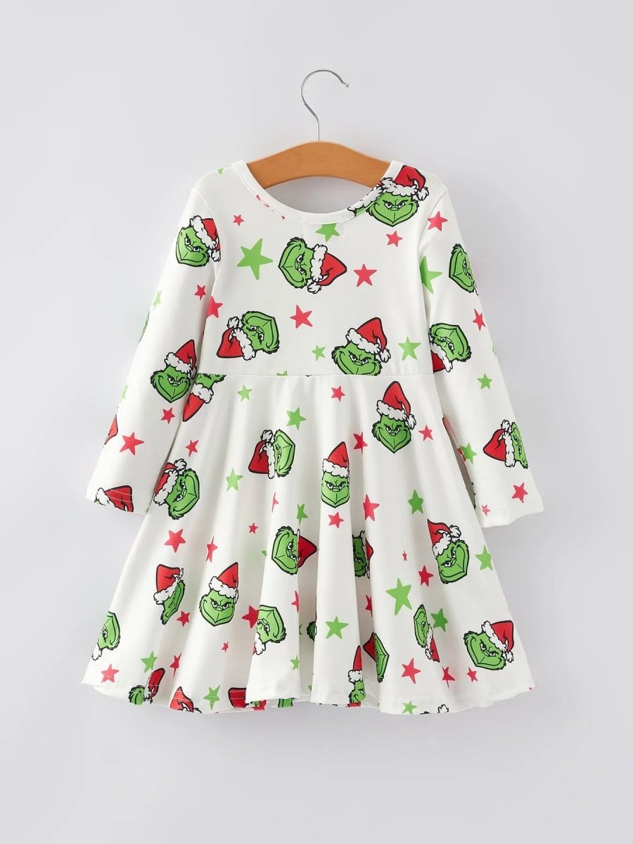 Rylee Faith Designs Christmas Themed Cartoon Characters Stars Print Girls Dress - Everetts Place Boutique - 