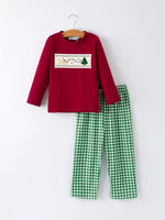 Rylee Faith Designs Christmas Tree Dog Smocking Embroidered Plaid Boys Set - 