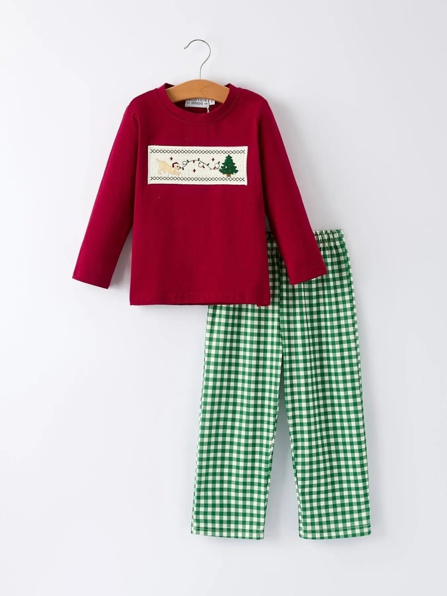 Rylee Faith Designs Christmas Tree Dog Smocking Embroidered Plaid Boys Set - 