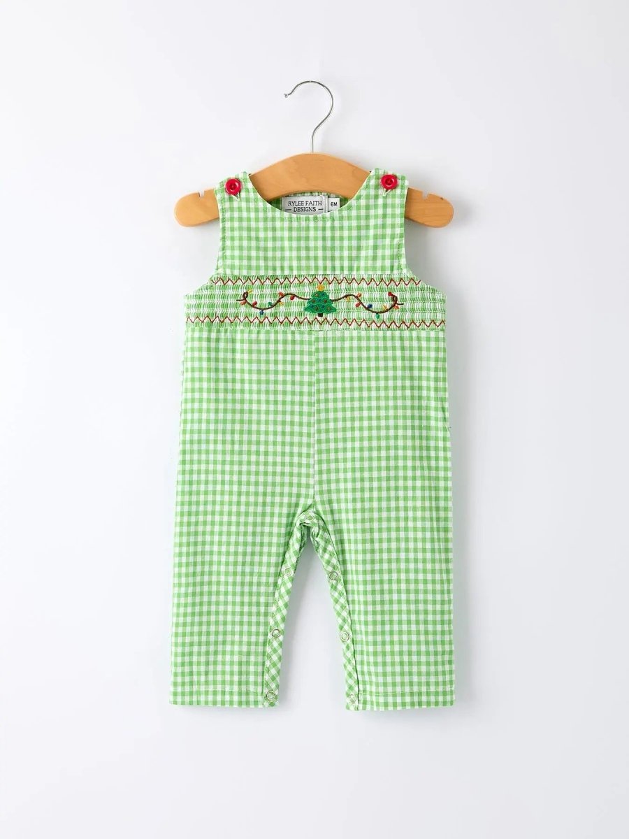 Rylee Faith Designs Christmas Tree Smocked Baby Romper Soft Green Plaid - Everetts Place Boutique - 