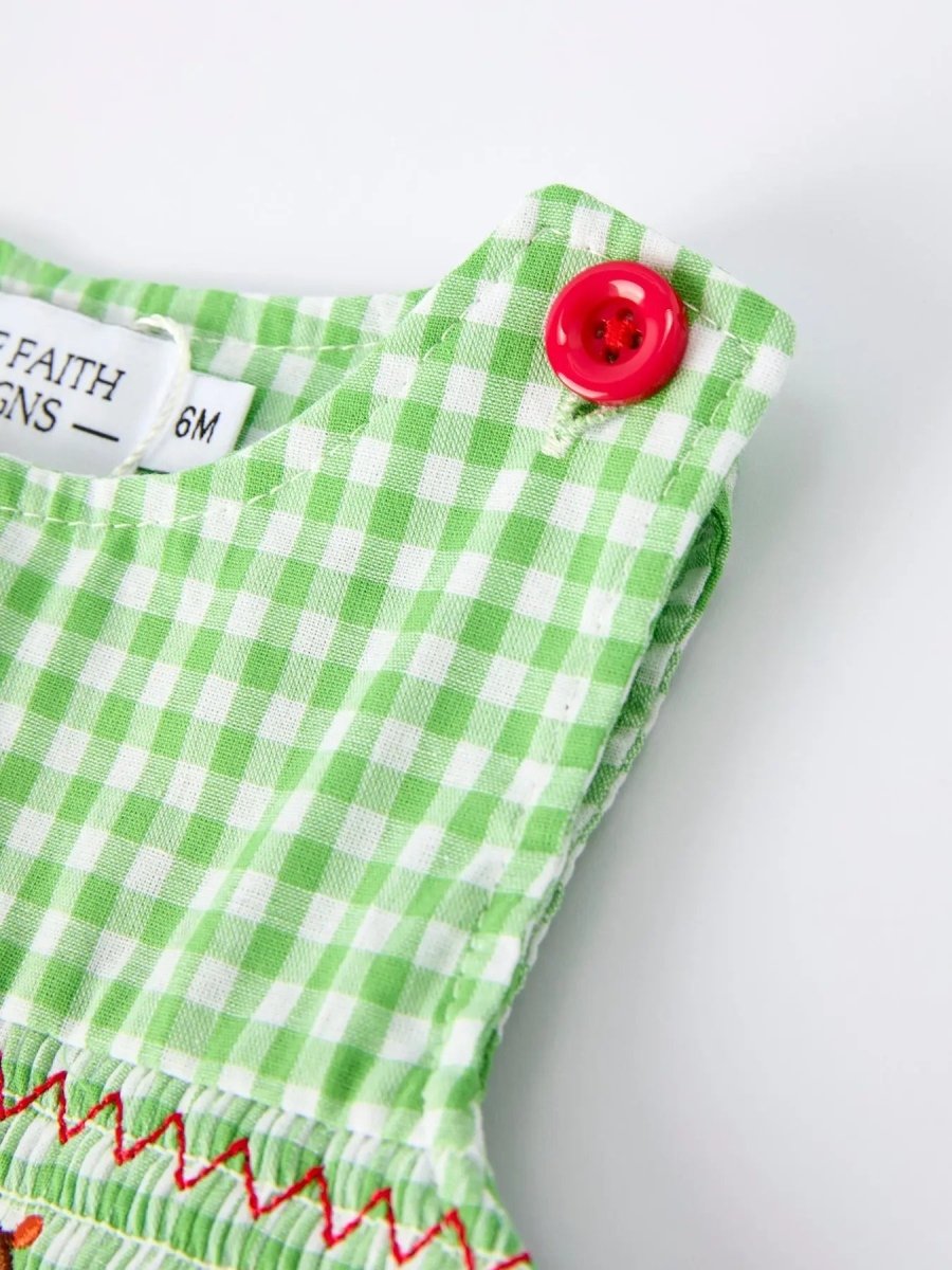 Rylee Faith Designs Christmas Tree Smocked Baby Romper Soft Green Plaid - Everetts Place Boutique - 