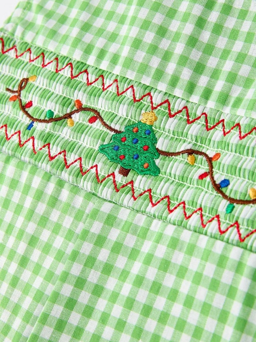 Rylee Faith Designs Christmas Tree Smocked Baby Romper Soft Green Plaid - Everetts Place Boutique - 