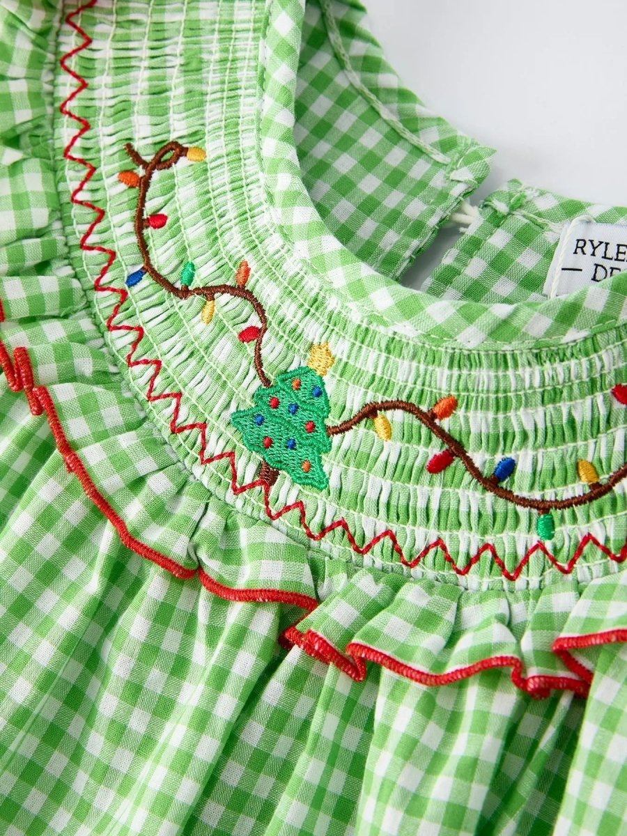 Rylee Faith Designs Christmas Tree Smocked Dress For Girls With Green Plaid - 
