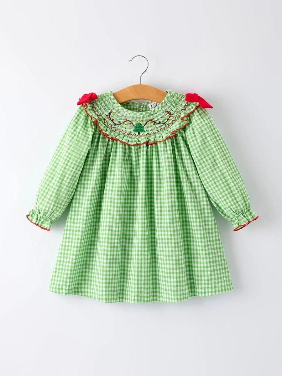 Rylee Faith Designs Christmas Tree Smocked Dress For Girls With Green Plaid - 