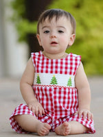 Rylee Faith Designs Christmas Tree Smocking Embroidered Boys Romper Outfit - Everetts Place Boutique - 